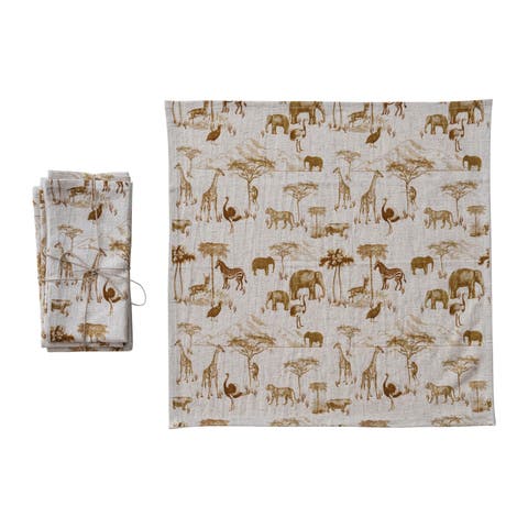 4-Piece Cotton and Linen Printed Dinner Napkins with Safari Animals Pattern, Natural and Brown