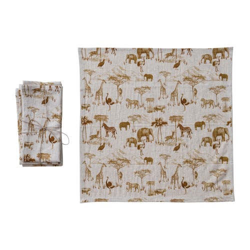 Storied Home 4-piece Cotton And Linen Printed Dinner Napkins With Safari Animals Pattern, Natural An In Brown