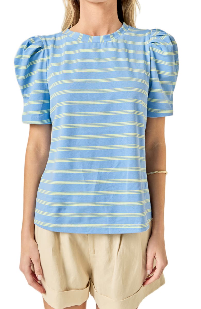 English Factory Stripe Puff Sleeve Top, Alternate, color, Blue/ Lime