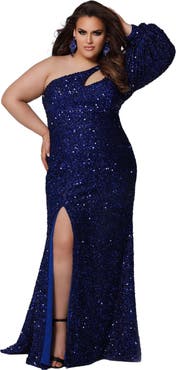 Sydney's Closet One-Shoulder Pouf Sleeve Sequin Plus Size Evening Gown
