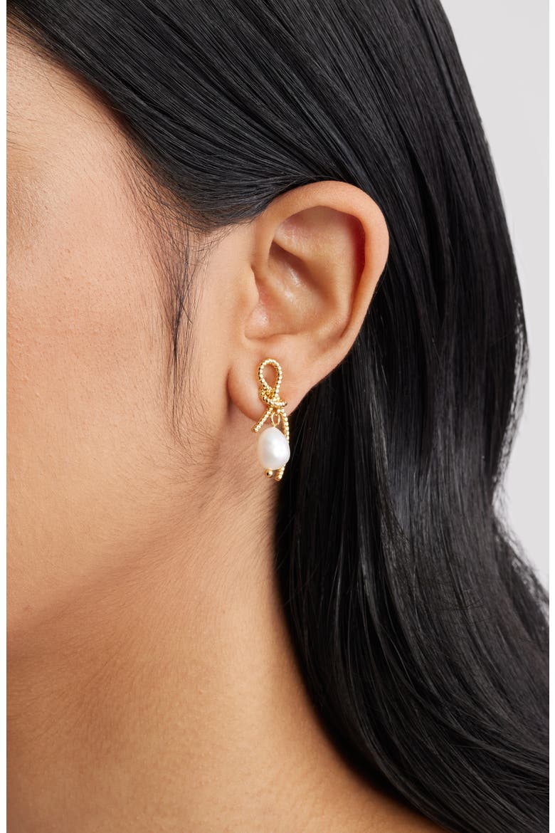 Faux Pearl Bow Earrings, Alternate, color, GOLD