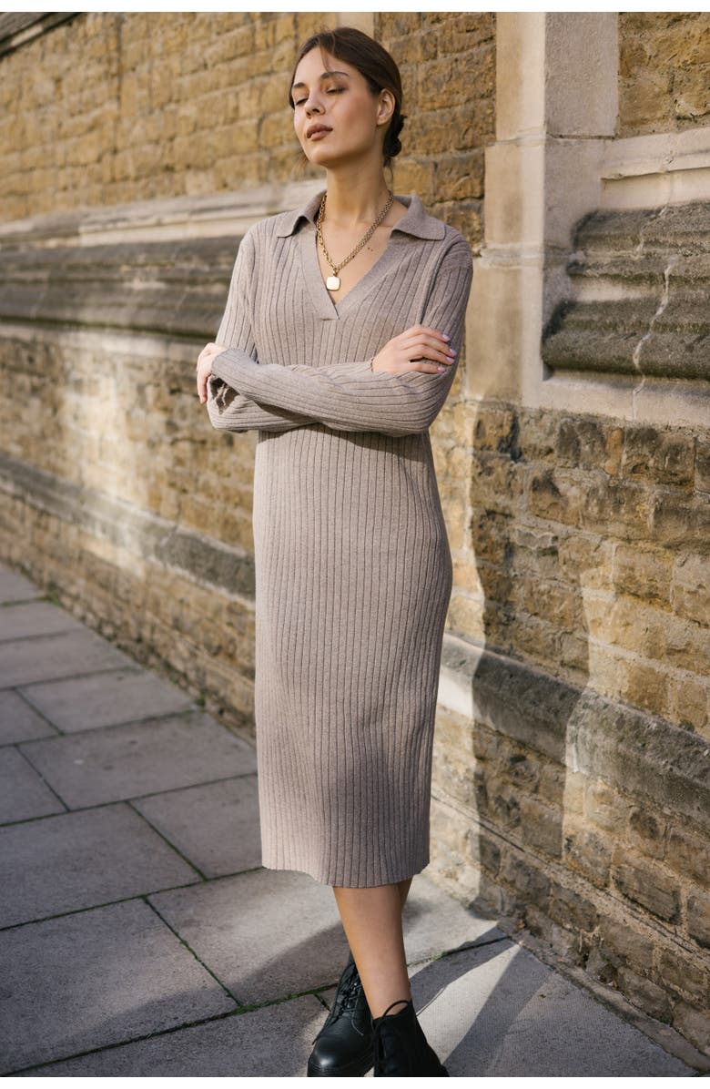 Labeca London Naomi Coffee V Neck Cashmere-Blend Midi Dress, Alternate, color, 