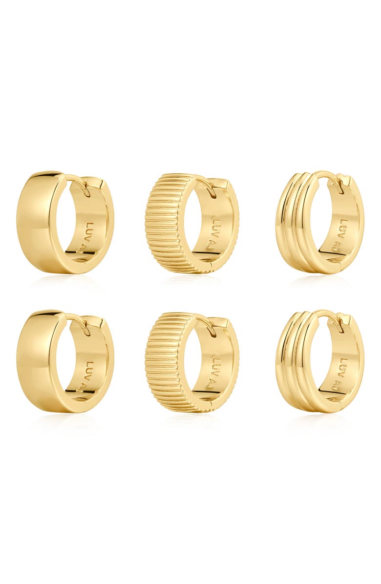 Luv AJ The Remy Ridged Set of 3 Huggie Earrings, Main, color, Gold