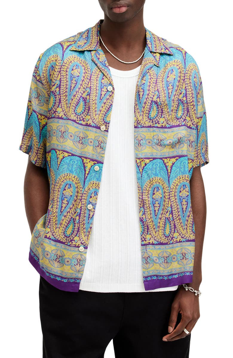 AllSaints Pennard Relaxed Fit Bandana Print Camp Shirt, Main, color, Costello Blue
