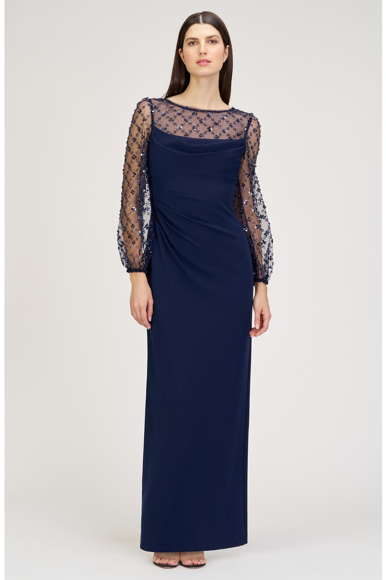 Risha Metallic Floral Appliqué Detail Long Sleeve Crepe Column Gown, Alternate, color, DEEP NAVY