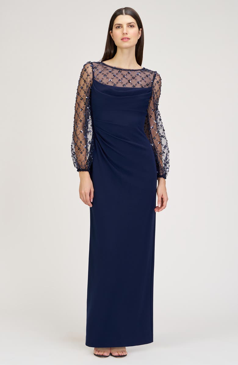 JS Collections Risha Metallic Floral Appliqué Detail Long Sleeve Crepe Column Gown, Alternate, color, Deep Navy