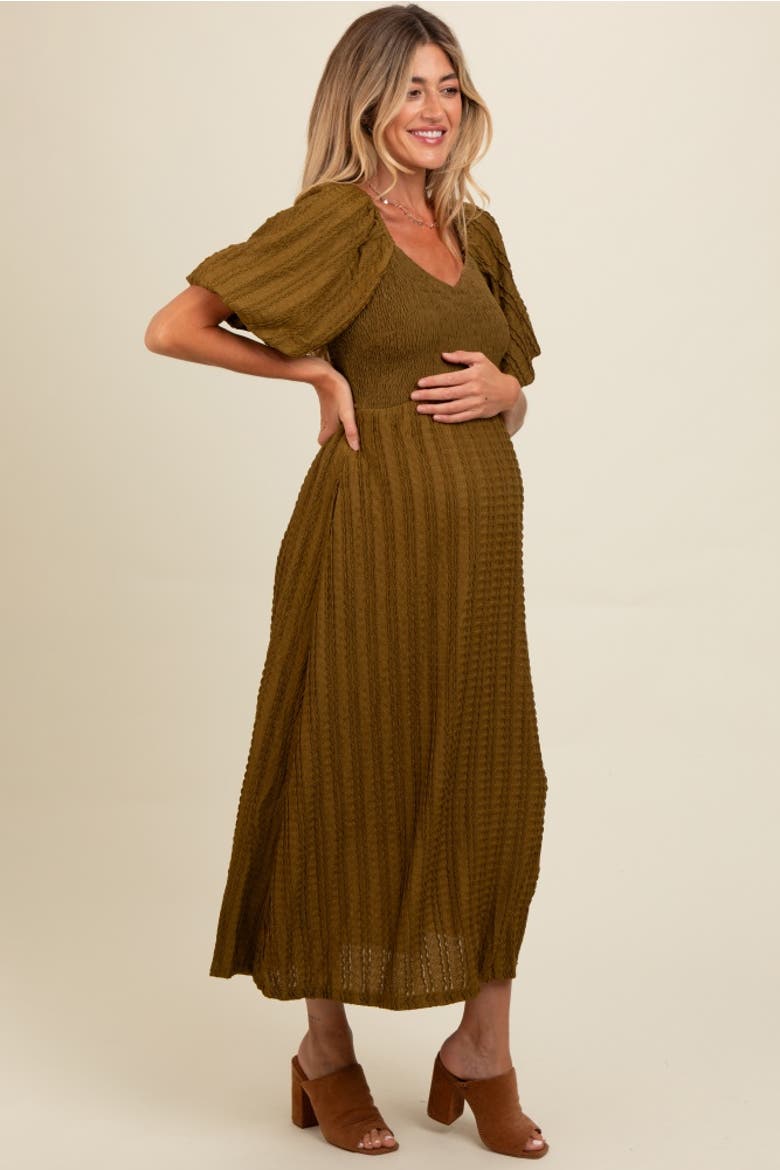 Smocked V-Neck Short Puff Sleeve Textured Midi Dress, Alternate, color, Olive Green