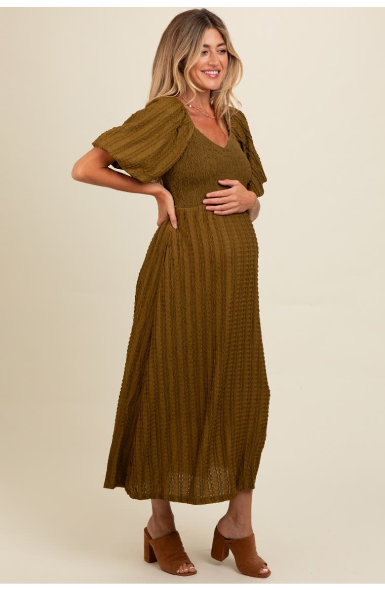 PinkBlush Smocked V-Neck Short Puff Sleeve Textured Midi Dress, Alternate, color, Olive Green