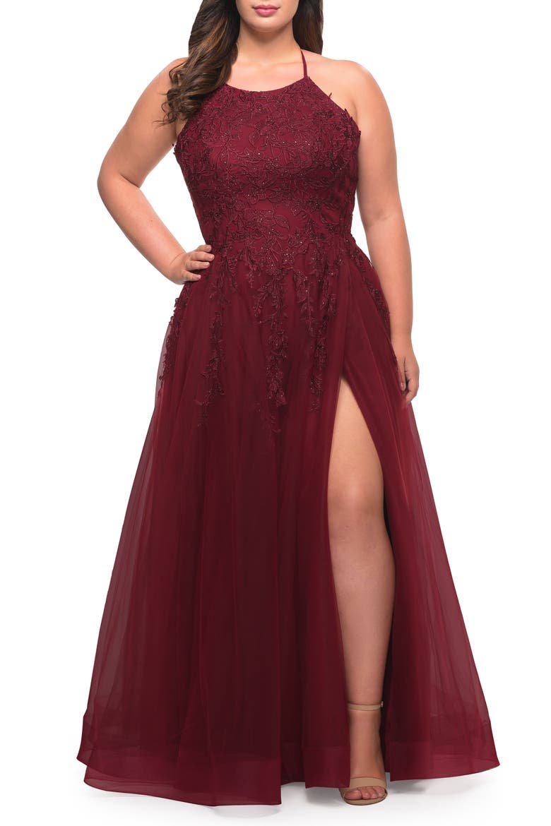 Tulle Gown with Lace Bodice and High Neckline, Alternate, color, Wine