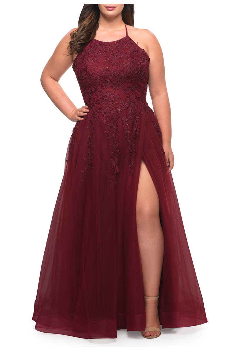 La Femme Tulle Gown with Lace Bodice and High Neckline, Alternate, color, Wine