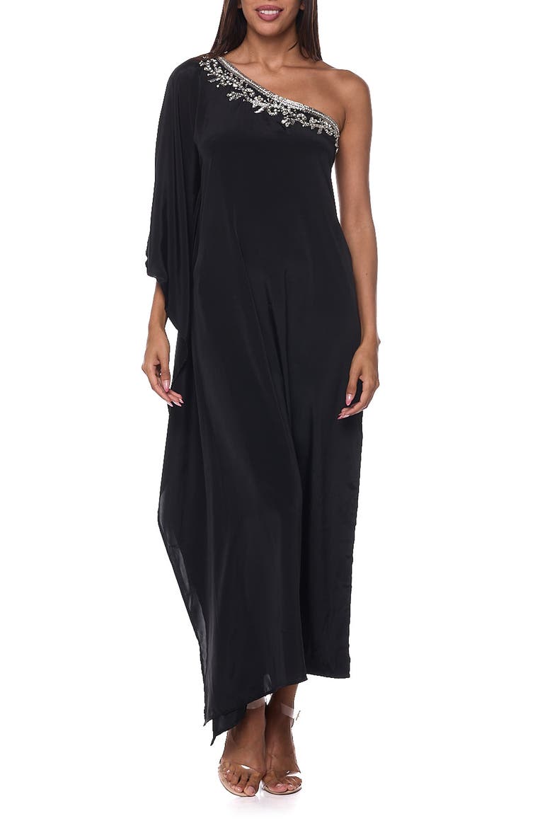 Embellished One-Shoulder Cover-Up Dress, Main, color, BLACK