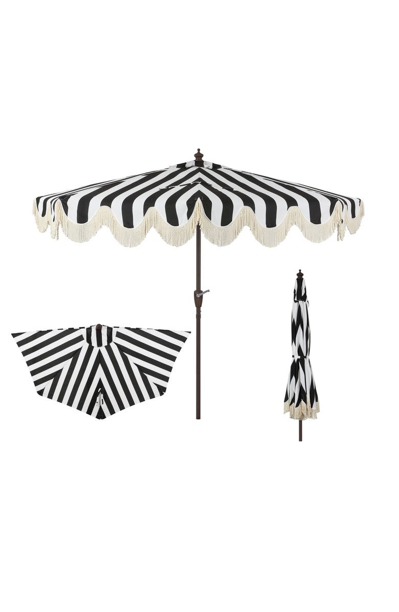 JONATHAN Y Beverly 9 ft. Designer Classic Scalloped Fringe Half Market Patio Umbrella with Crank, Push Button Tilt and UV Protection, Main, color, Black/White