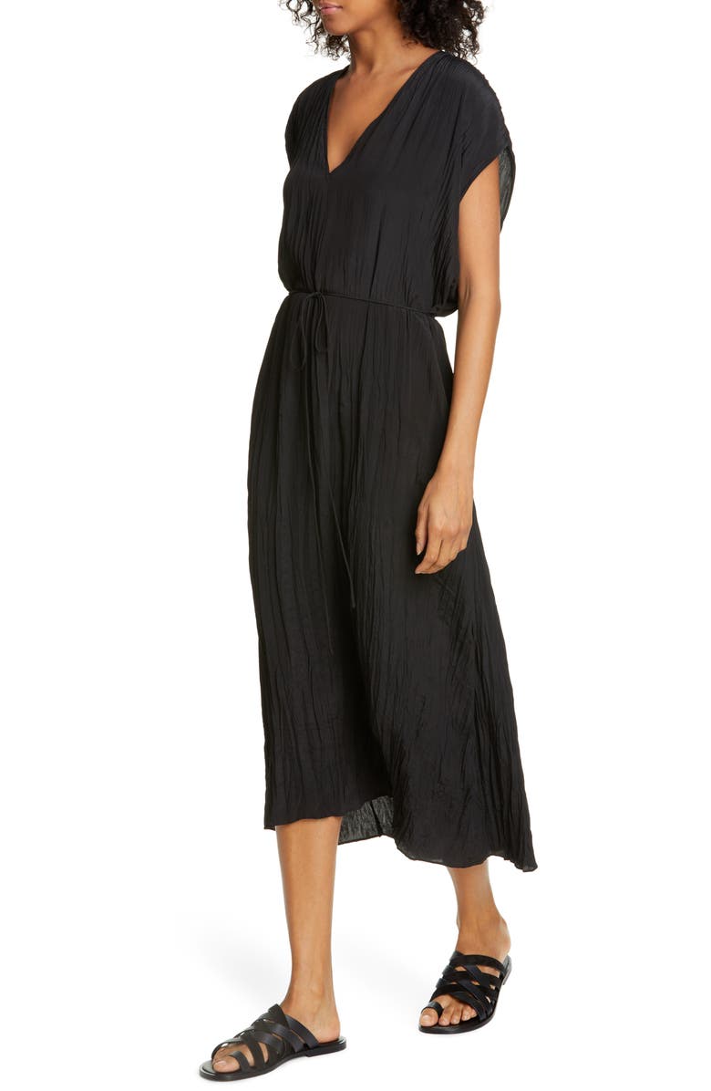 Vince Crinkle Pleat Tie Waist Cap Sleeve Dress, Alternate, color, 