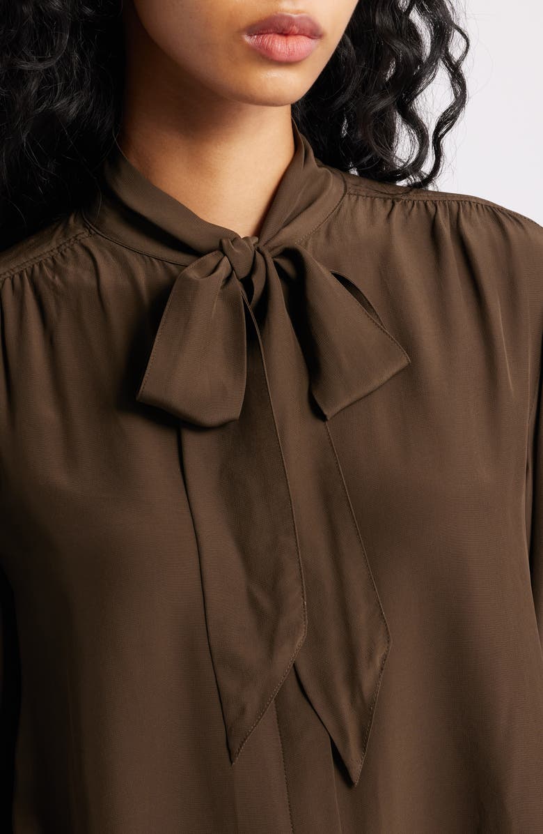 Madewell Tie Neck Long Sleeve Top, Alternate, color, Dark Mocha