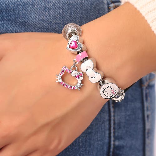 Hello Kitty 7'' Fashion Charm Bead Bracelet In Silver