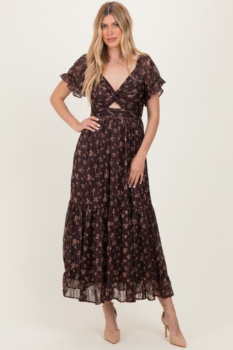 Floral Stripe Twist Front Cutout Maxi Dress