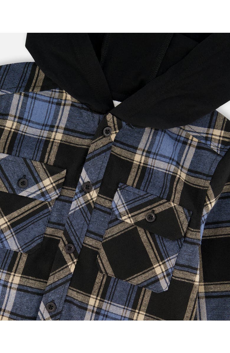 Deux par Deux Long Sleeve Hooded Flannel Shirt, Alternate, color, Blue And Black