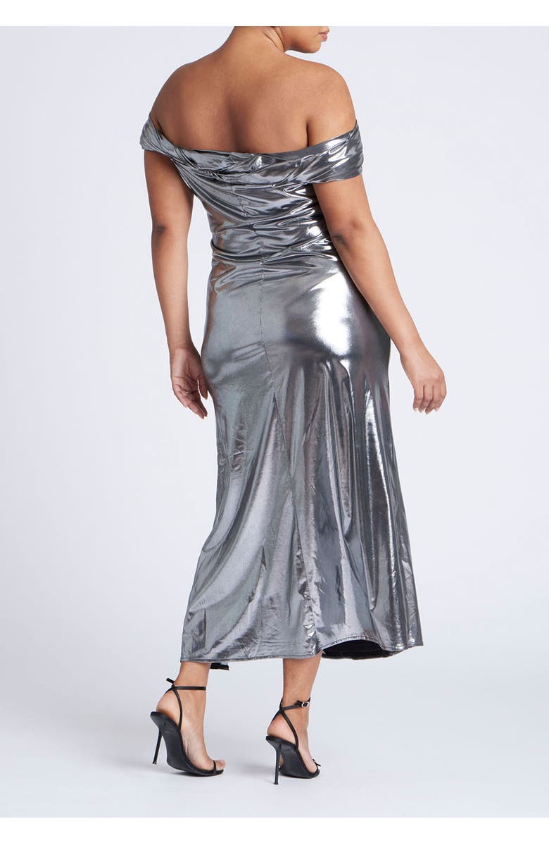 ELOQUII Twist Neck Lame Maxi Dress, Alternate, color, Gunmetal