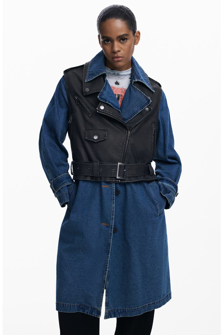 Denim Trench with Removable Faux Leather Moto Vest, Alternate, color, MEDIUM BLUE