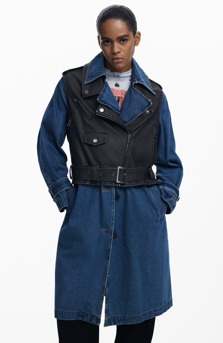 Desigual Denim Trench with Removable Faux Leather Moto Vest, Alternate, color, Medium Blue