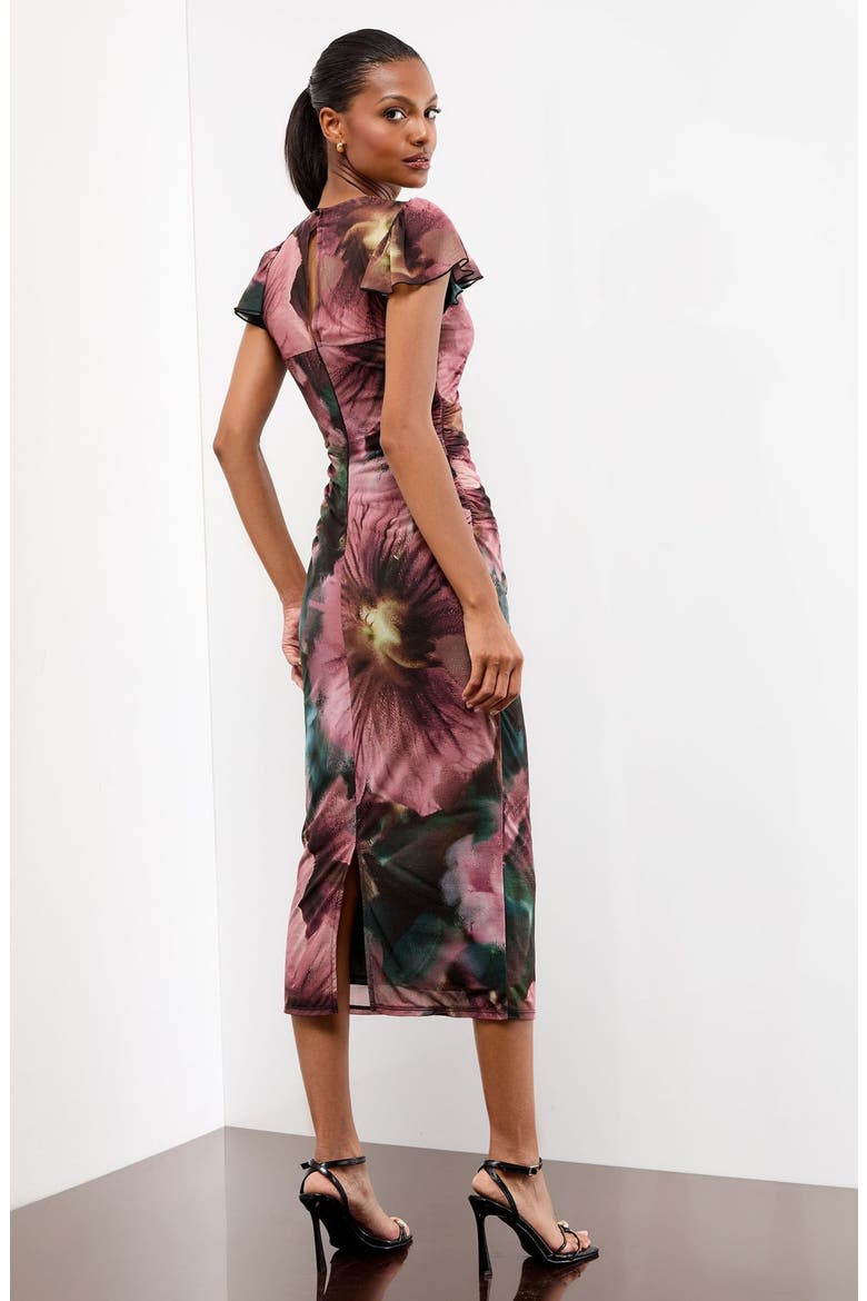 Printed Ruched Mesh Body-Con Midi Dress, Alternate, color, PURPLE/ BLACK