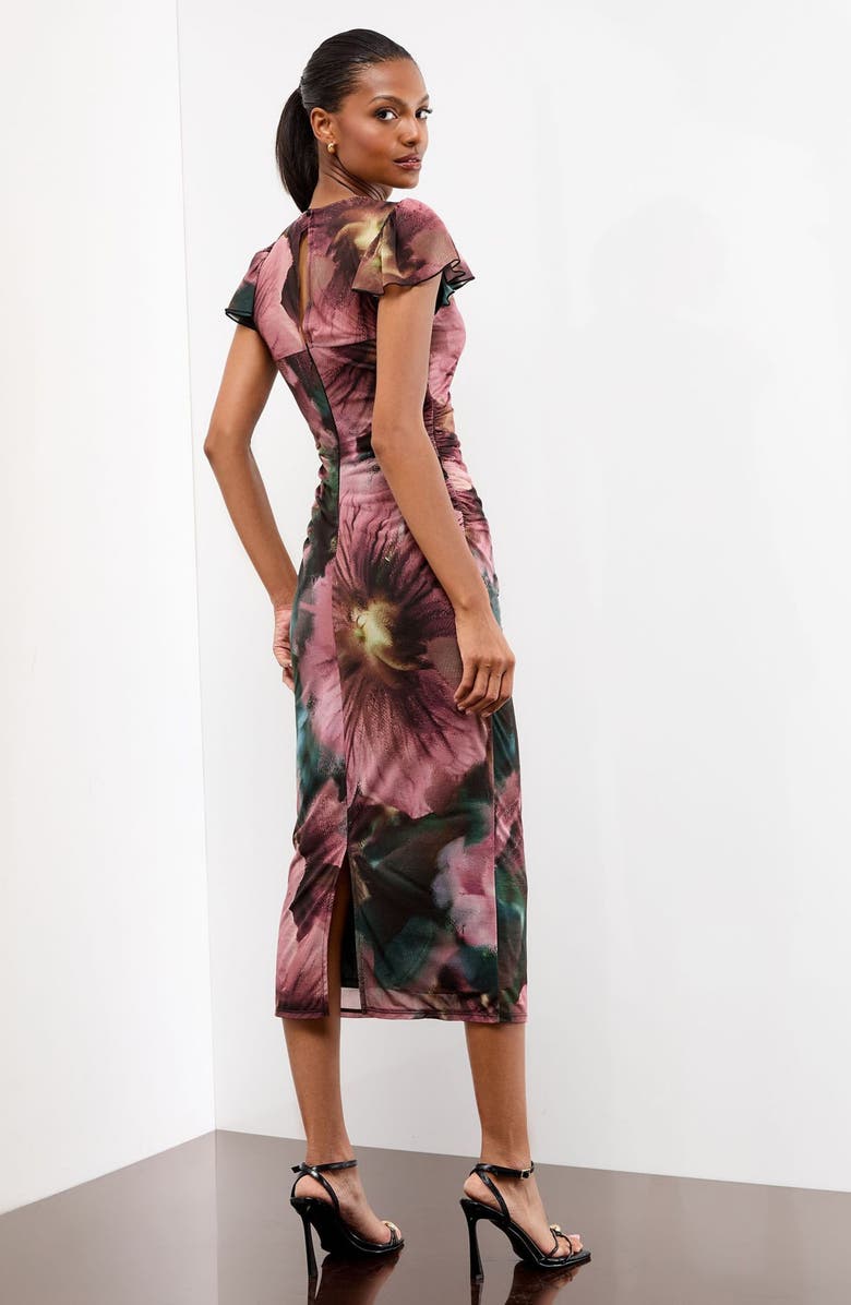 Lipsy Printed Ruched Mesh Body-Con Midi Dress, Alternate, color, Purple/ Black