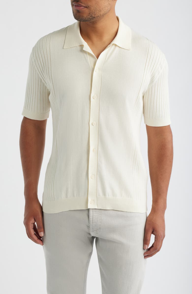 34 Heritage Short Sleeve Button-Up Cotton & Silk Sweater, Main, color, Silver Birch