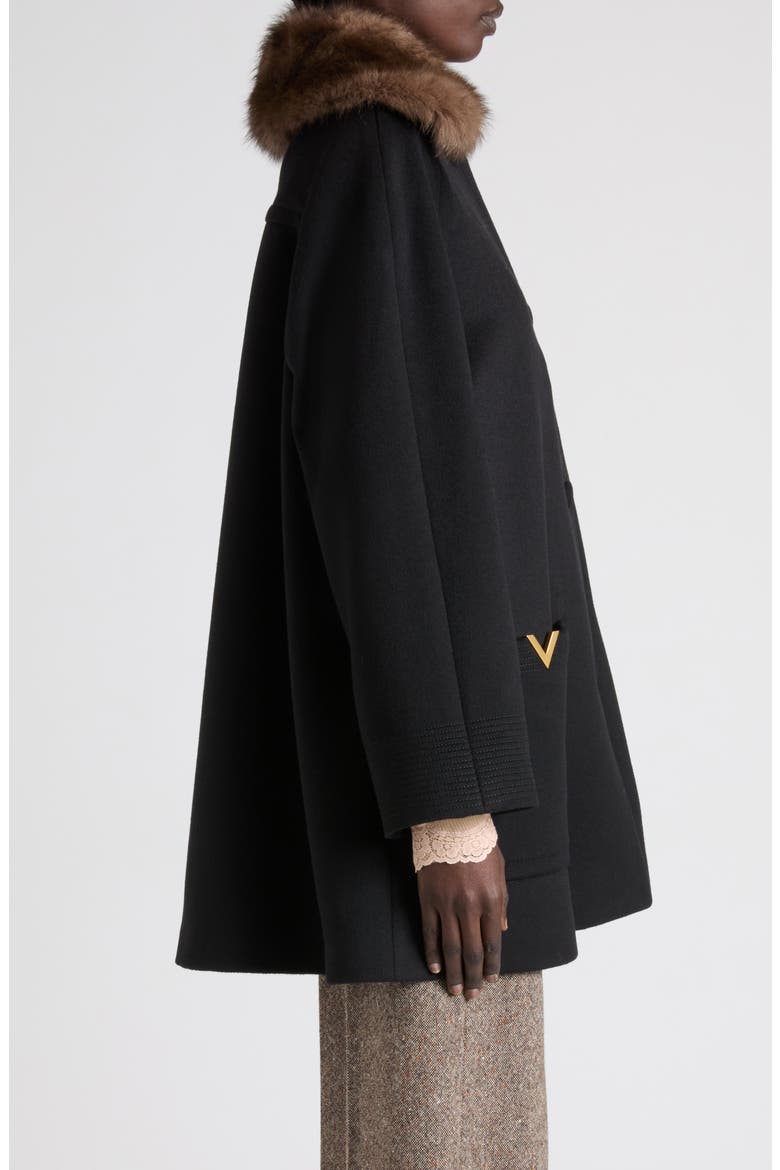 Genuine Shearling Collar Wool Coat, Alternate, color, BLACK