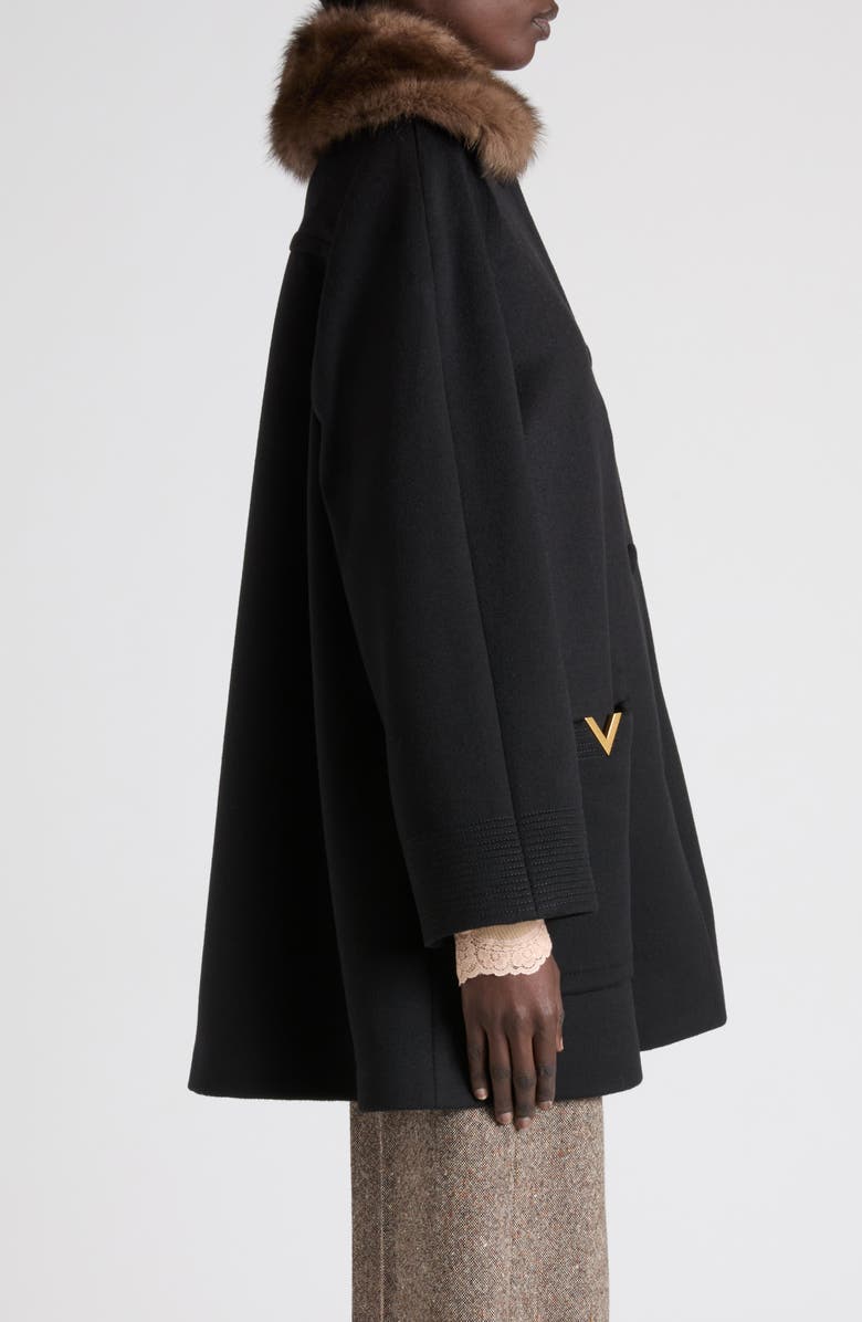 Valentino Genuine Shearling Collar Wool Coat, Alternate, color, Black