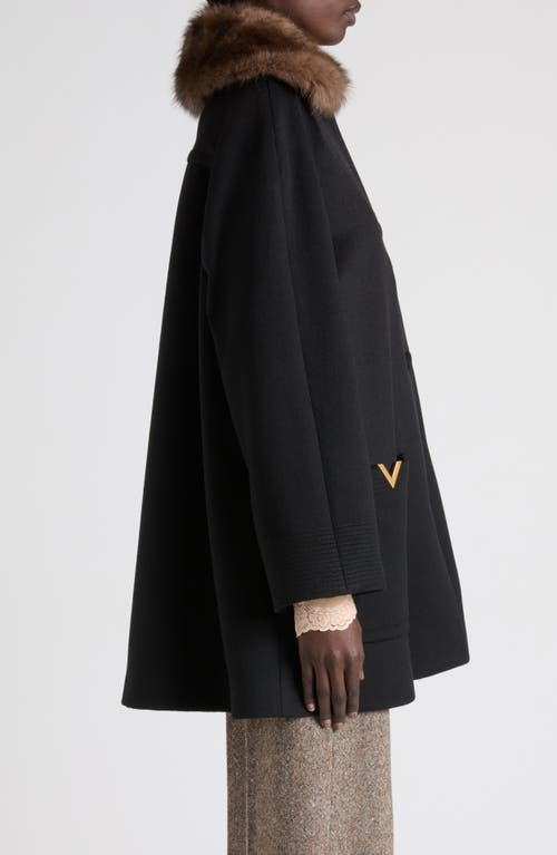 Valentino Sheep Shearling Collar Single-breasted Wool Coat In Black