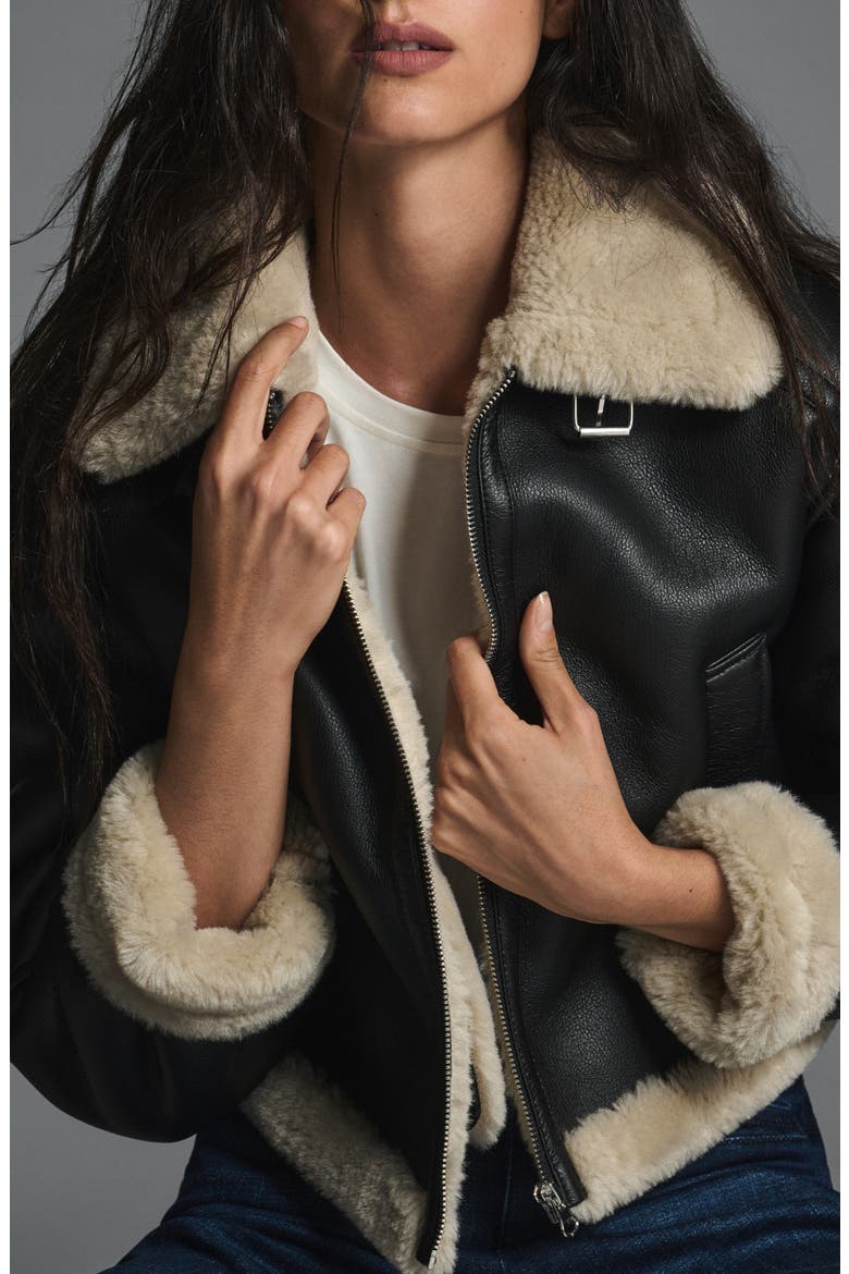Faux Leather & Faux Shearling Bomber Jacket, Alternate, color, BLACK