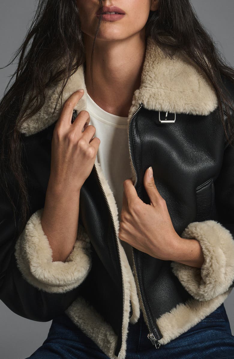 KARL LAGERFELD PARIS Faux Leather & Faux Shearling Bomber Jacket, Alternate, color, Black