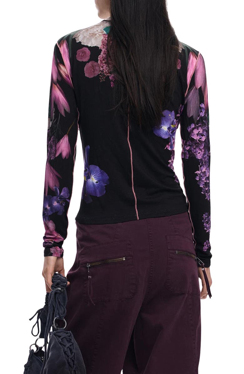 Desigual Long Sleeve Floral Top, Alternate, color, Black