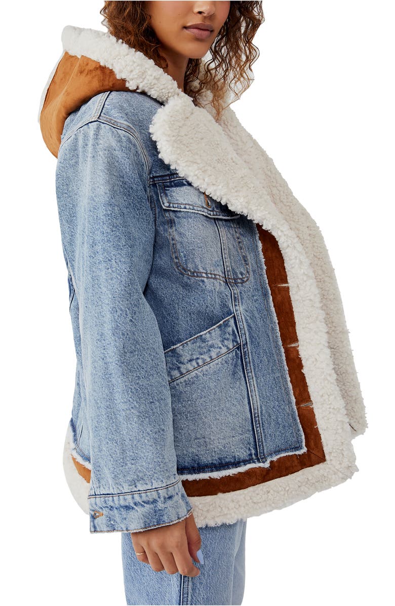 Free People We the Free Magnolia Faux Shearling Lined Hooded Cotton Denim Jacket, Alternate, color,