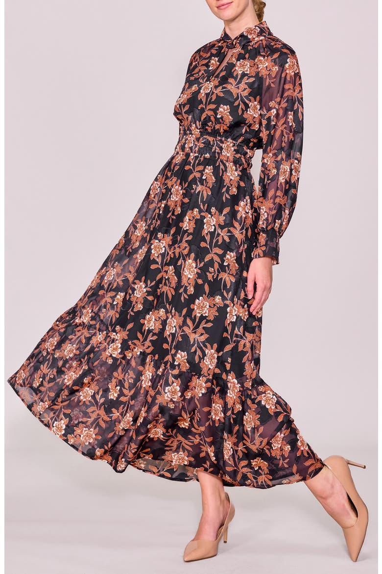 Twist Neck Long Sleeve Maxi Dress, Alternate, color, BLACK RUST MULTI