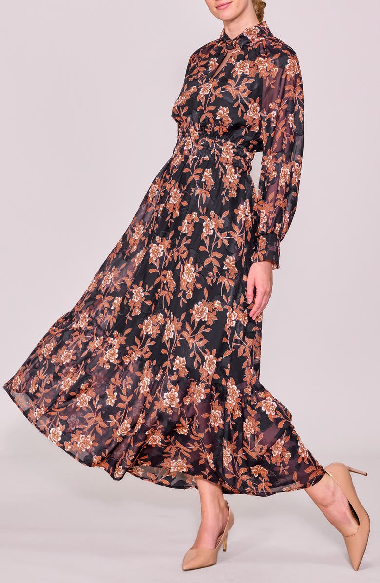 MELLODAY Twist Neck Long Sleeve Maxi Dress, Alternate, color, Black Rust Multi