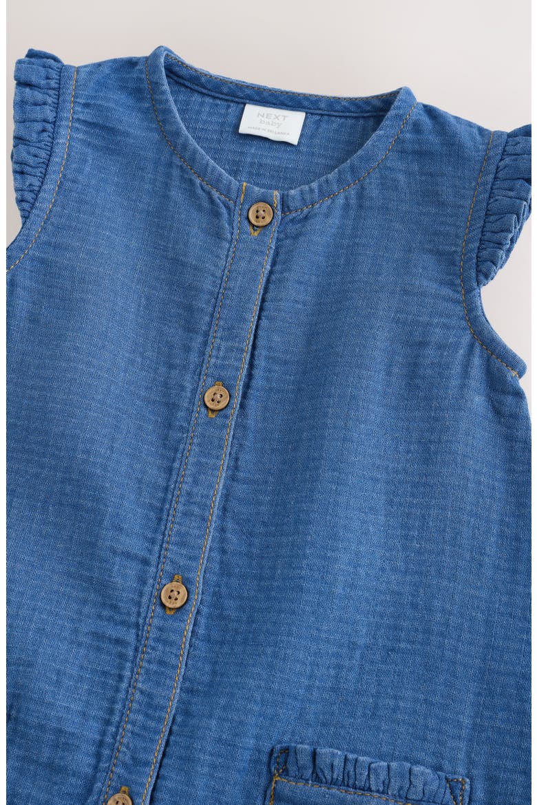 Denim Frill Romper, Alternate, color, BLUE
