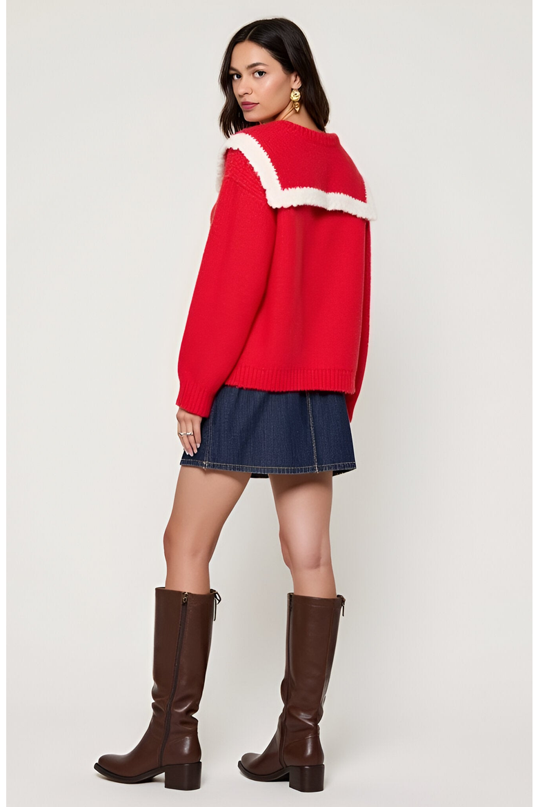 Ruffle Collar Knit Sweater with Tie-Front Closures and Contrast Trim, Alternate, color, Red