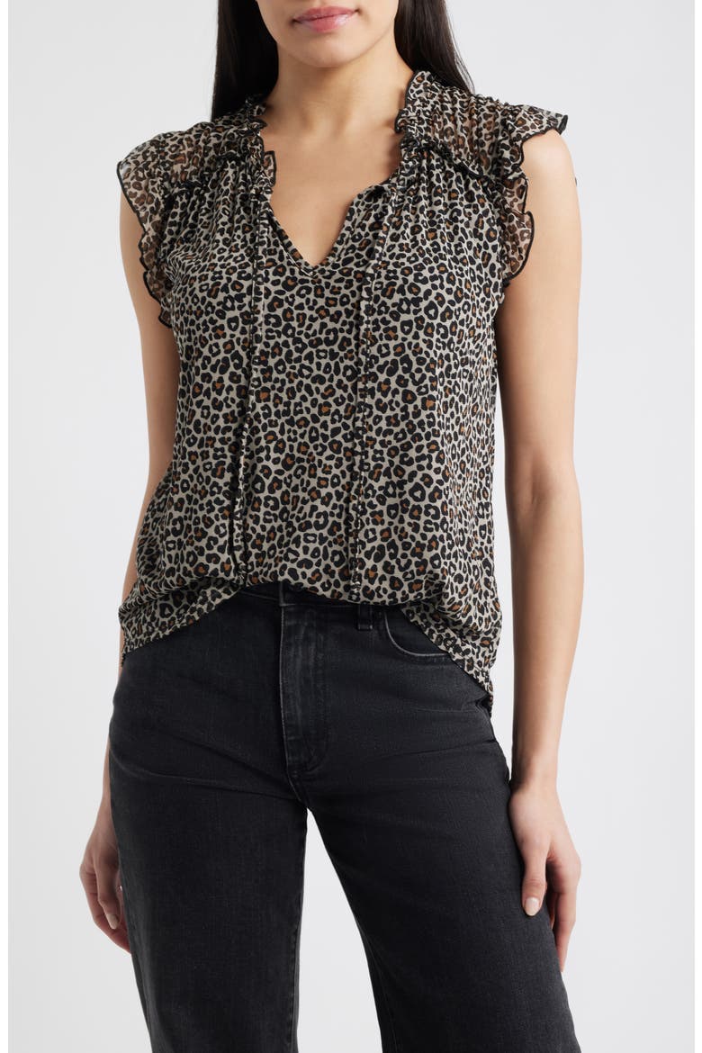 Animal Print Ruffle Trim Split Neck Top, Main, color, TAUPE