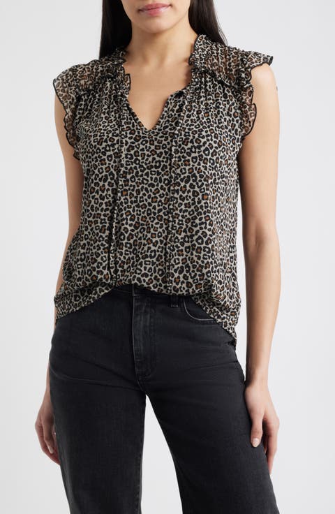 Animal Print Ruffle Trim Split Neck Top