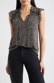 Loveappella Animal Print Ruffle Trim Split Neck Top