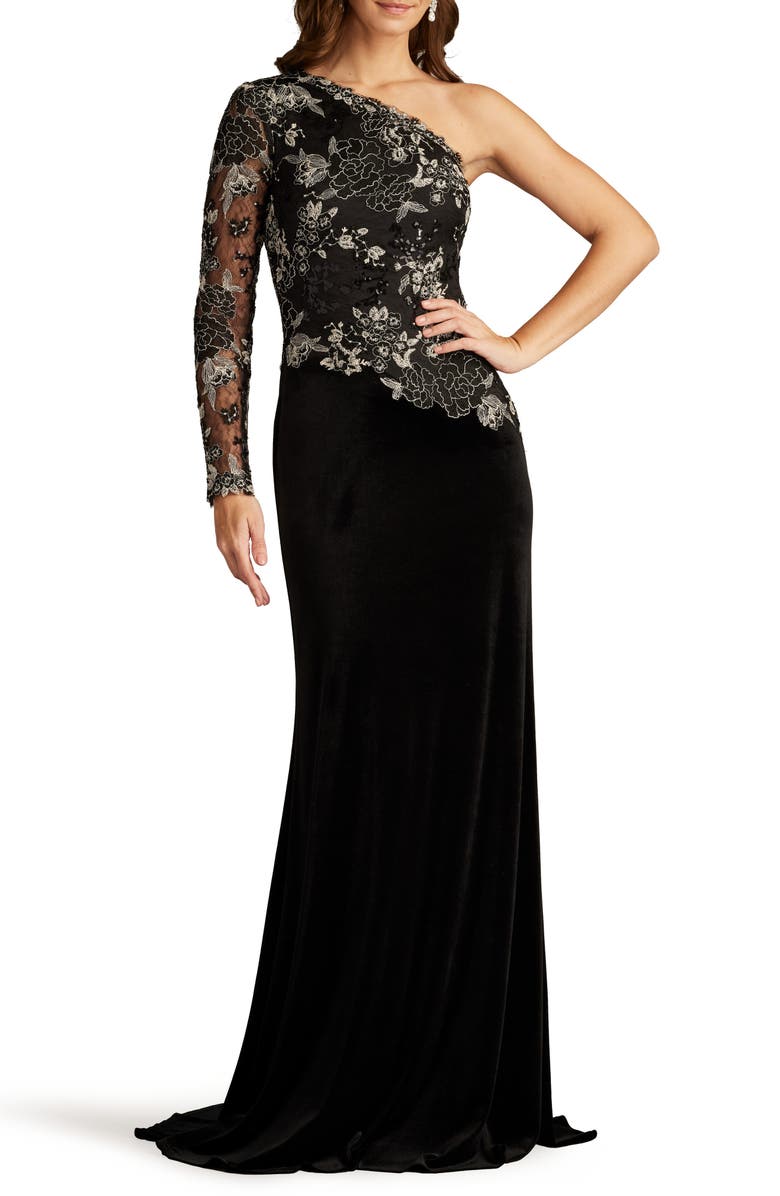 Tadashi Shoji One-Shoulder Sequin Lace & Velvet Gown, Main, color,