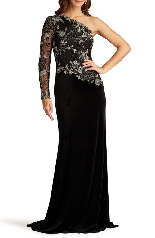 Tadashi Shoji One-Shoulder Sequin Lace & Velvet Gown in Black/Silver 