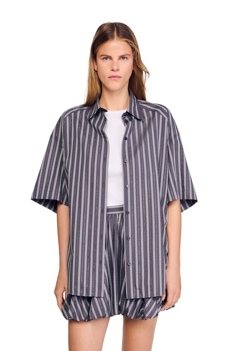 SANDRO Oversized striped rhinestone shirt, Alternate, color, Grey
