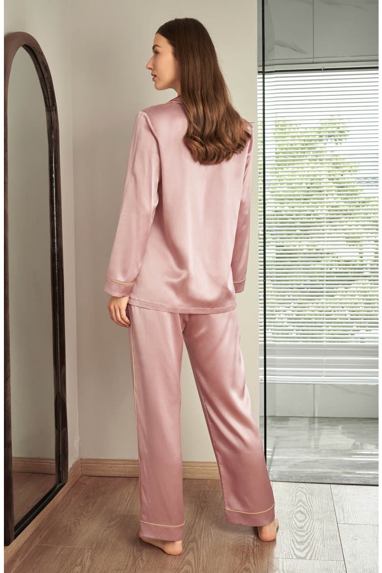 Women's Gold Piping Silk Pajamas Set, Alternate, color, Rosy Pink
