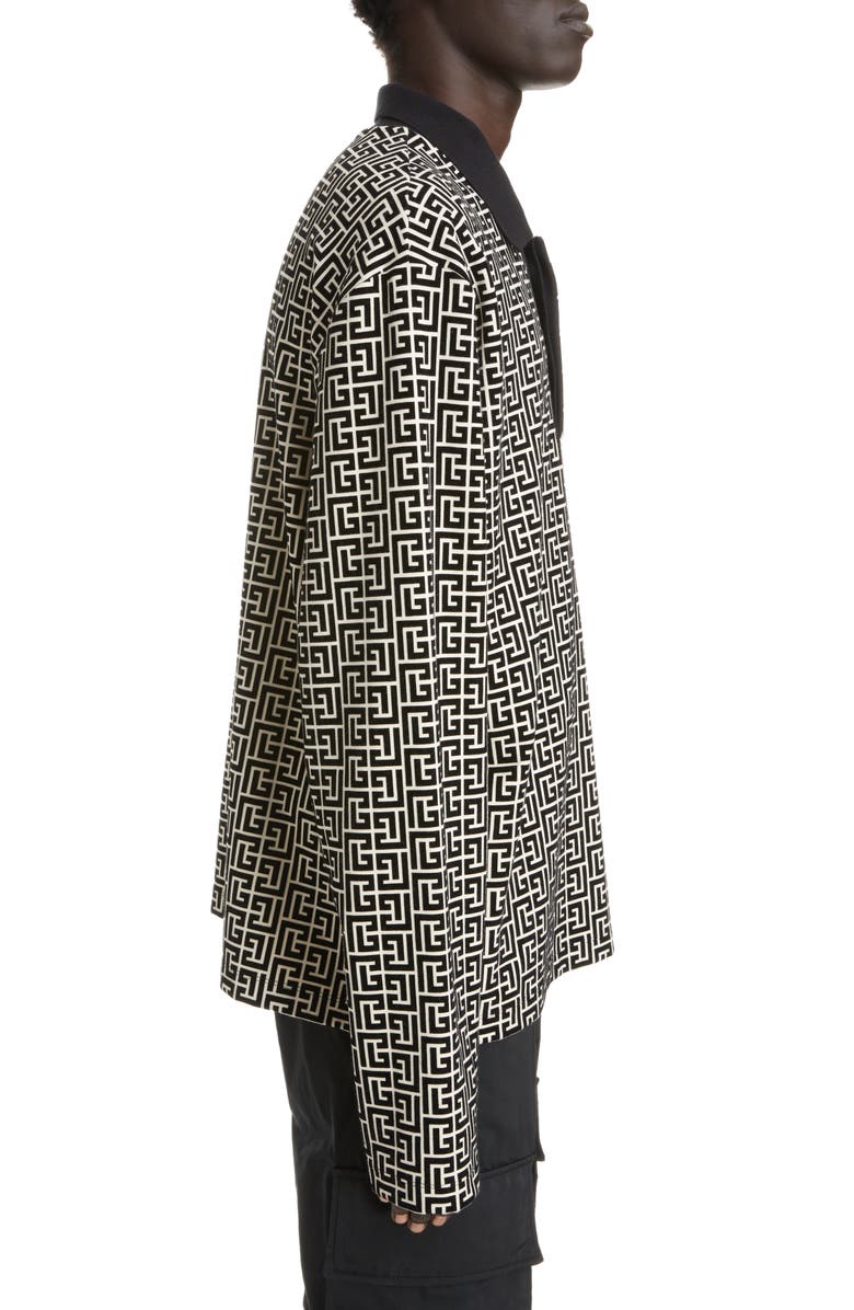 Balmain Monogram Jacquard Long Sleeve Polo, Alternate, color, 