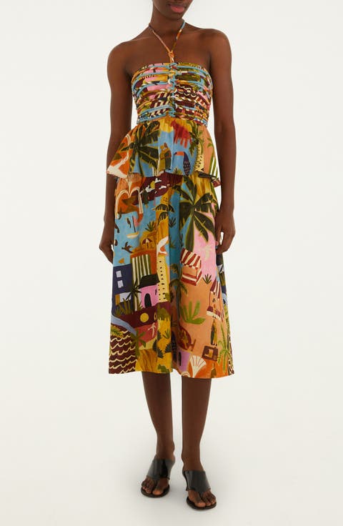 Tropical Print Corded Bodice Midi Dress