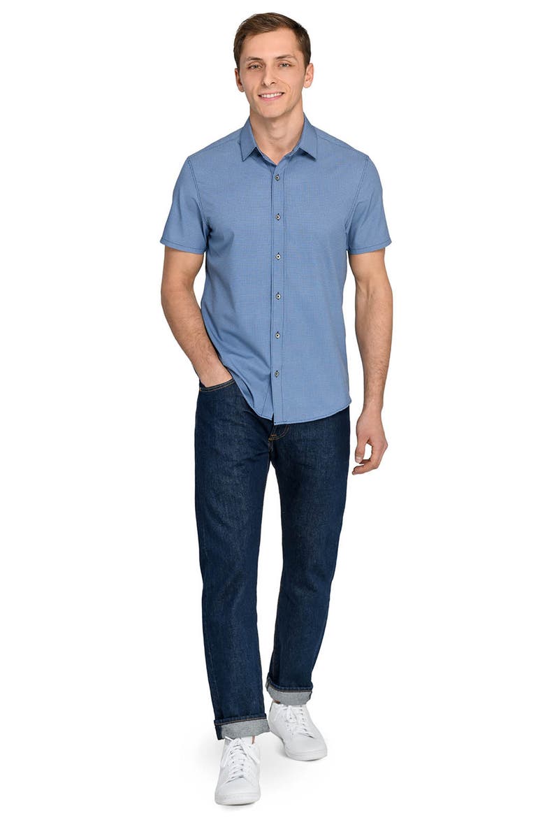 Basic Slim Fit Abstract Geo Short Sleeve Performance Button-Up Shirt, Alternate, color, NAVY