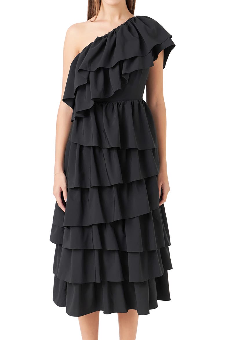 Ruffle One-Shoulder Tiered Ruffle Midi Dress, Alternate, color, BLACK