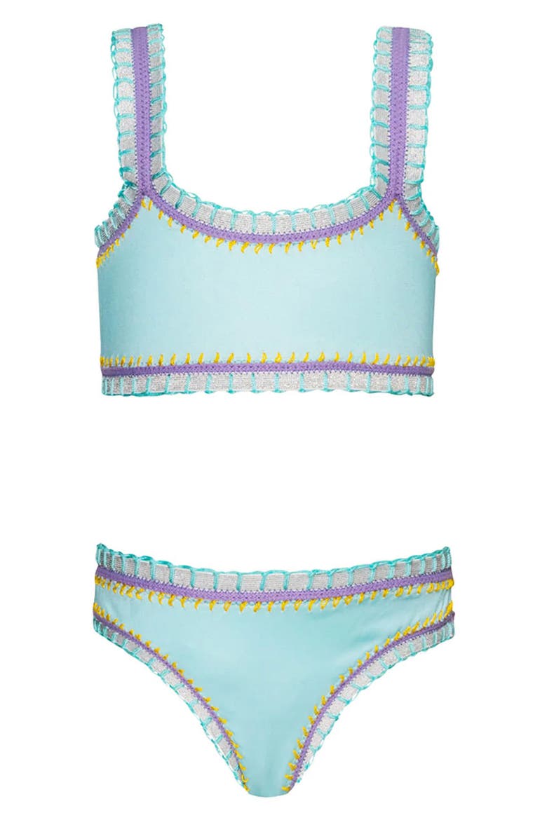 Kids' Sporty Rainbow Embroidered Two-Piece Swimsuit, Main, color, LIGHT BLUE
